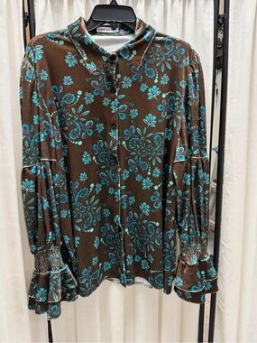 Retro Floral Print Lantern Sleeve Velvet Top